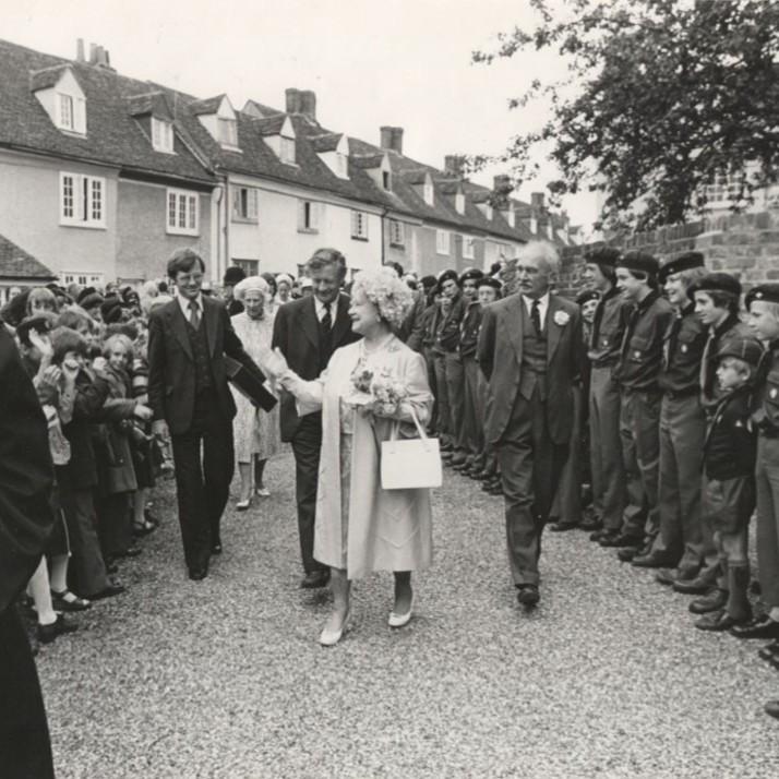 Bluecoat Yard Her Majesty Queen Elizabeth the Queen Mother at the reopening 6th July 1978  - Place House Ware -  Hertfordshire Building Preservation Trust